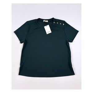 Sojourn Short Story Ribbed Knit Crew Neck Top Gold Button Detail SP Green NWT